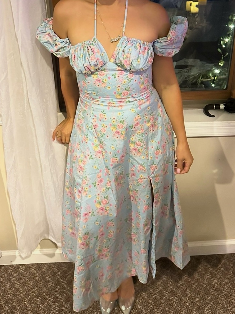 House Of Cb Sky Blue Floral Off-Shoulder Midi Dress